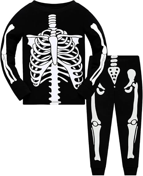 Popshion Kids Halloween Pajamas Toddler Boys Gilrs Skeleton Glow in The Dark Pjs Pumpkin Sleepwear Clothes Sets 3-10T - skull pajamas