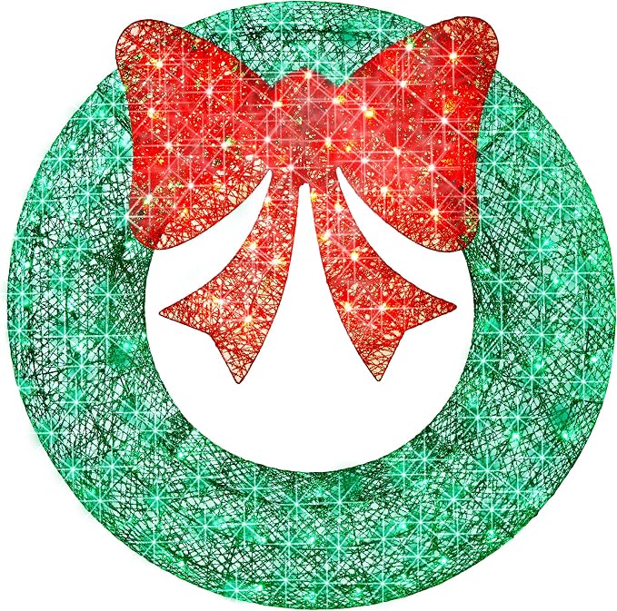 Best Choice Products 48in Pre-Lit Outdoor Christmas Wreath Decoration, LED Metal Holiday Decor for Home w/ 140 Lights, Bow - Green/Red - skull wreath