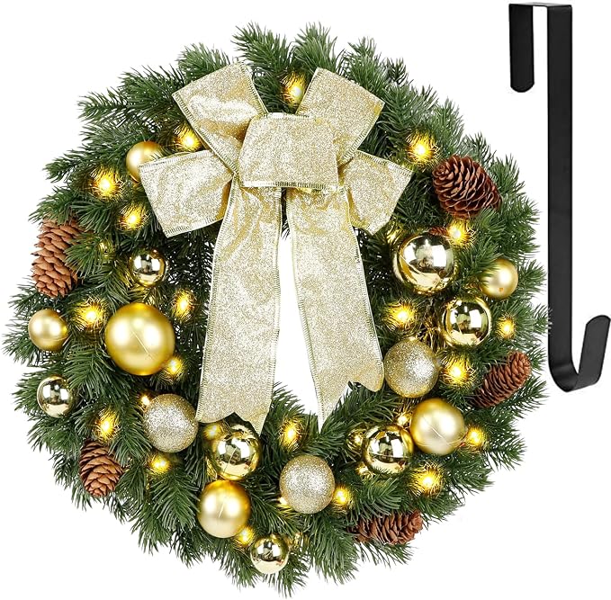 Hausse Lighted Christmas Wreath with Metal Hanger, Pre-lit Xmas Wreath with Large Golden Bow & Balls, Battery Operated with 40 LEDs Lights, for Front Door Gate Wall Christmas Party Decorations - skull wreath
