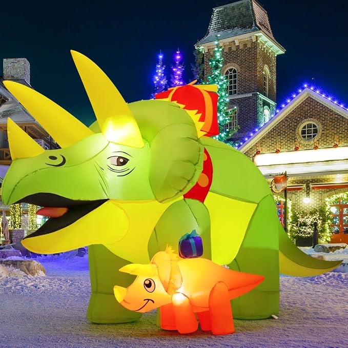 GOOSH 7.5 FT Length Christmas Inflatables Dinosaur Outdoor Decorations Blow Up Green Triceratops with Baby Dino Yard Decorations with Built-in LED Lights for Garden Lawn Outdoor Yard Xmas - skull inflatable