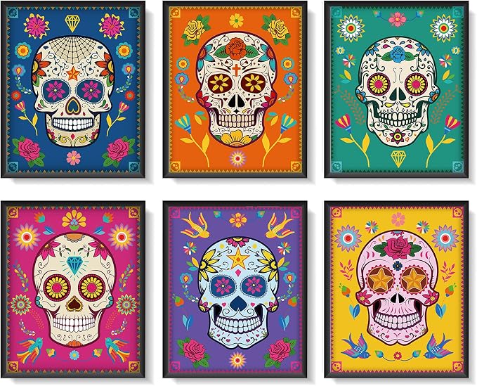 Outus 6 Pieces Sugar Skull Wall Art Day of the Dead Poster, 8 X 10 Inch - sugar skull ornament