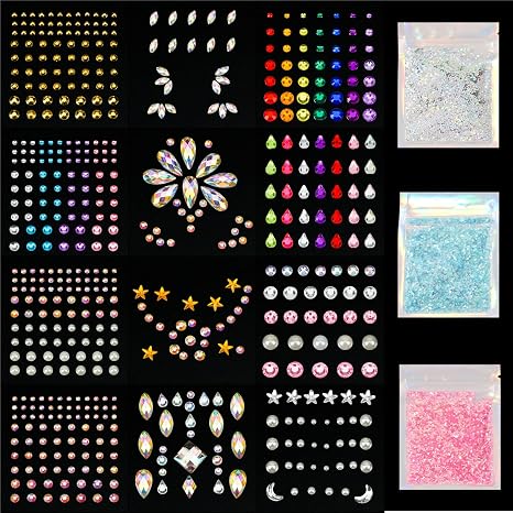 DECOYARDOO Face Jewels Crystal Stickers 12 Sheets, 15g Chunky Mix Glitter - sugar skull makeup