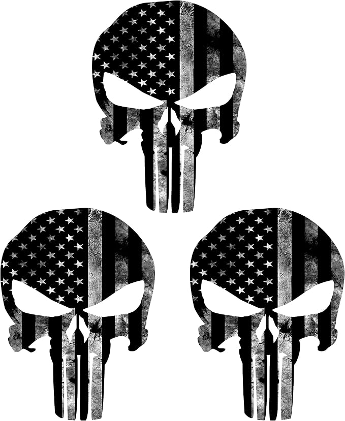 3 pcs American Flag Skull Hard Hat Stickers, 2 in, USA Decals Patriotic, Biker Sticker, Skeleton, Motorcycle - skull sticker