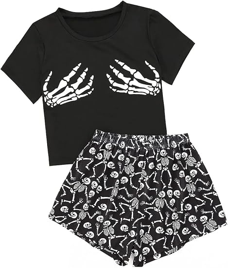 Laqeyko Cute Pajamas for Women Set Short Sleeve Tops and Shorts for Holiday - skull pajamas