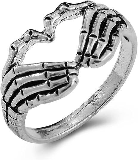 FORUBUS Punk Skull Hand Ring Gothic Love Heart Gesture Skeleton Hand Ring for Rock Biker Halloween Trick Costume Jewelry - skull ring