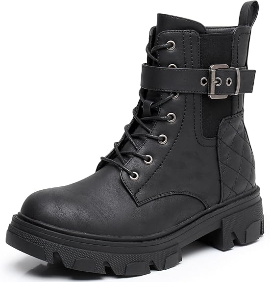 GLOBALWIN Women's Combat Boots Lace Up Ankle Booties Comfortable Lug Sole Boots For Women Chunky Low Heel - sugar skull costume