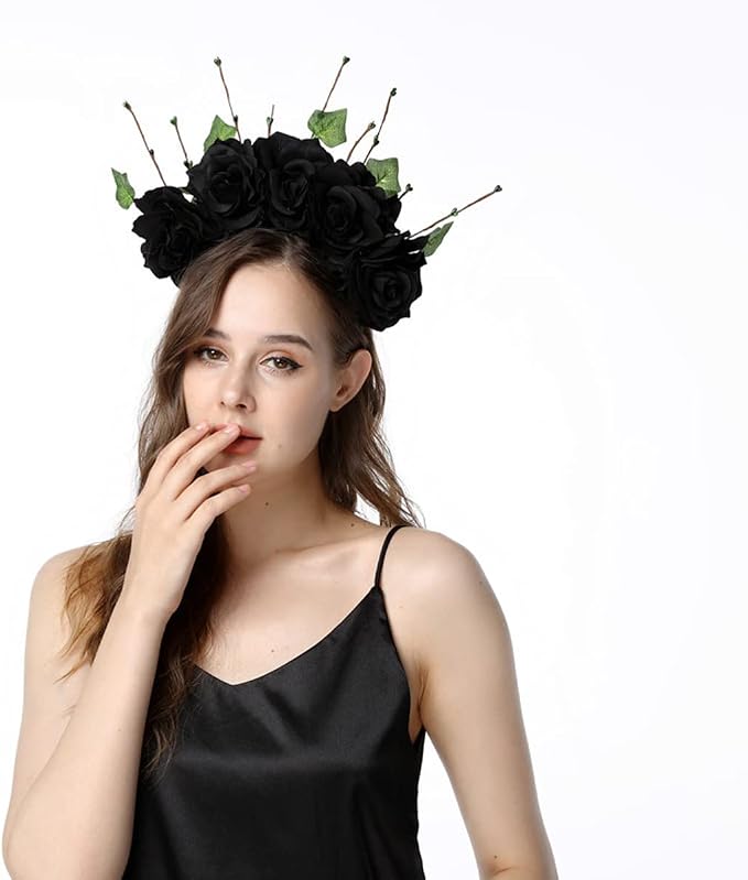Halloween Costume Flower Headband Dia de Los Muertos Headpiece Day of the Dead Mexican Flower Crown(Rose Crown Black) - skull headband
