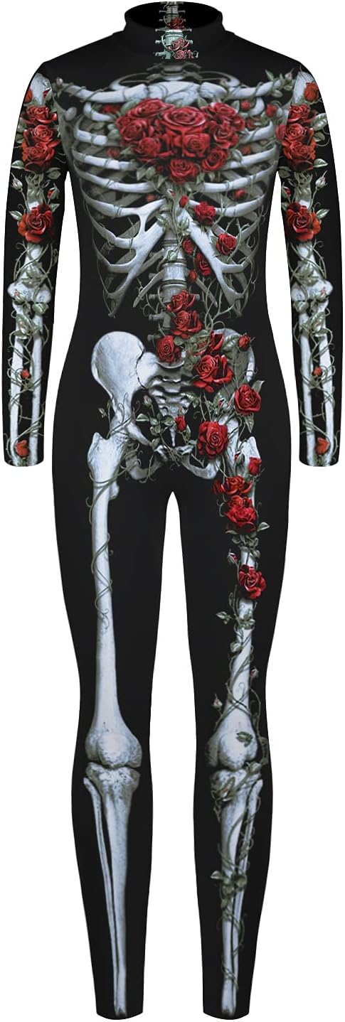 Remimi Kids Halloween Jumpsuit Zip Up Back Boys Girls Skeleton Bodysuit 7-14 Years - sugar skull costume