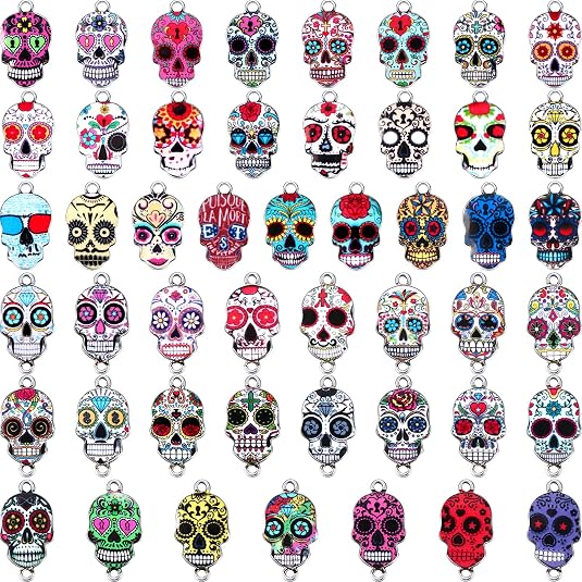 MTLEE 100 Pcs Halloween Skull Charms for Jewelry Making, Dia De Los Muertos - sugar skull ornament