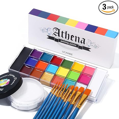 UCANBE Athena Face Body Paint Oil Palette + Translucent Setting Powder + 10PCS Brushes Set, Professional Non Toxic Face Painting Pallet Kit for Halloween SFX Cosplay Clown Makeup for Women Adults - skull painting
