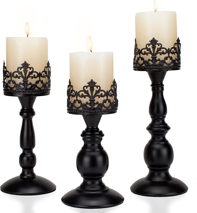 BANOMII Vintage Pillar Candle Holders for Table Centerpiece Set of 3-11'' 9'' 8'' - Matte Black Metal Candle Stands Decorative - Candle Centerpiece for Table Fireplace Decor - Gothic Candle Holder - skull candle