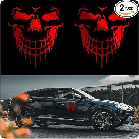 2 PCS of Reflective Skull Car Sticker Decals, Hallowmas Colorful Cartoon Waterproof Self Adhesive Vinyl Car Exterior Accessories, Suitable for Car Hoods, Doors, Bumpers, DMTH001-Red - skull sticker