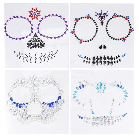 Lurrose Day of the Dead Skull Face Gems Jewels Tattoos, 4Pcs Rhinestone Halloween Jewels Tattoo Stickers for Halloween Festival Rave Party - skull painting
