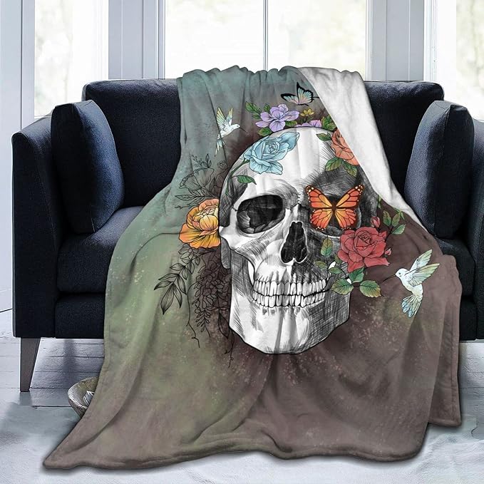 Flower Sugar Skull Throw Blanket Skulls Gifts for Women Warm Fleece Throw Bed Blankets Cozy Blanket Plush Blanket for Bedroom Living Sofa Car 50"x40" - sugar skull costume