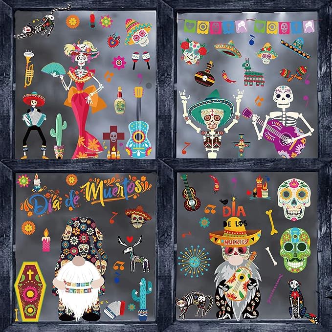 Day of The Dead Window Clings Dia de Los Muertos Window Stickers Halloween Window Decorations with Sugar Skull Skeleton Gnome Flowers Mexican Fiesta Design Decals for Halloween Party Glass 9 Sheets - skull sticker