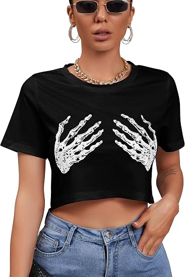 Women's Halloween Funny Skeleton Skull Hand Print Crop Top Tee Short Sleeve Casual T-Shirt - skull tank tops