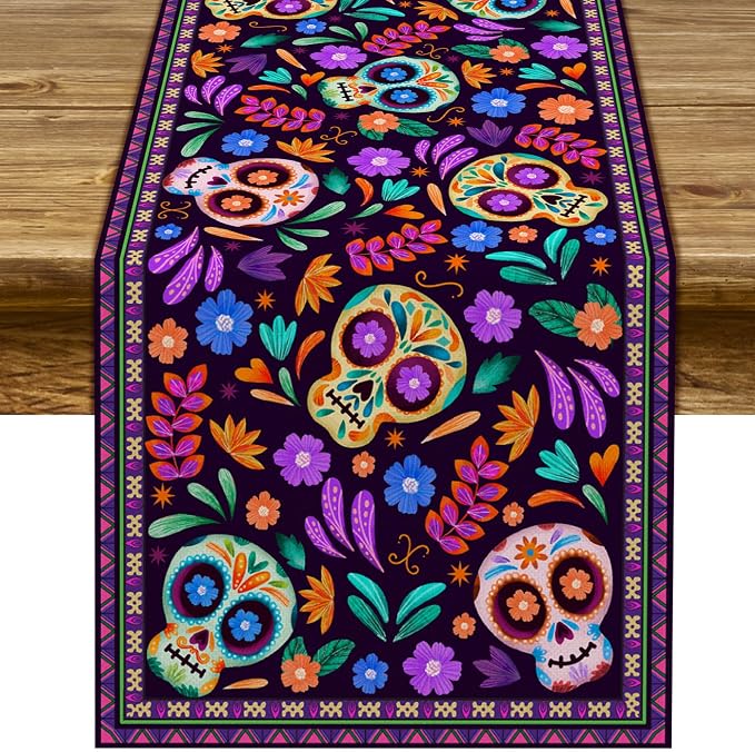 Dia De Los Muertos Table Runner Cinco de Mayo Rustic Linen Mexican Sugar Skull Day of The Dead Altar Decoration for Home Kitchen Dining Room (13" x 72") - skull floor mat