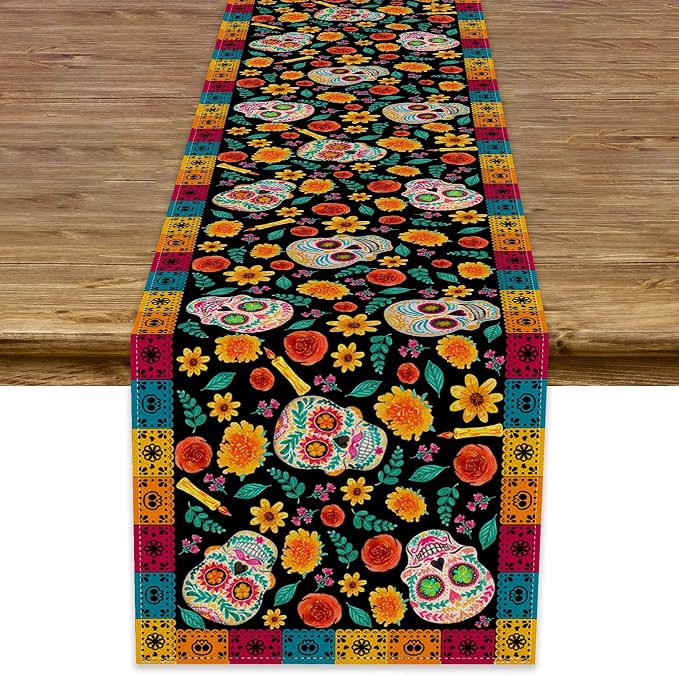 Dia De Los Muertos Table Runner Linen Mexican Sugar Skull Day of The Dead Altar Decoration for Home Kitchen Dining Room (13" x 72") - skull coaster