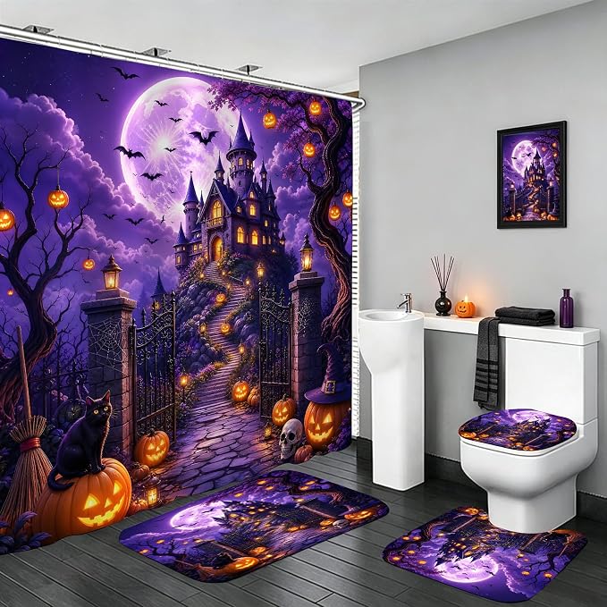 Halloween Set with Non-Slip Rug, Toilet Lid Cover and Bath Mat, Shower Curtain with 12 Hooks, Waterproof Shower Curtain for Halloween Bathroom Decoration - skull toilet mat