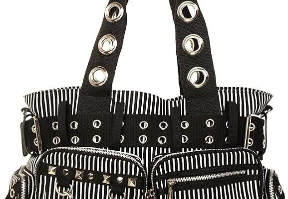 Lost Queen Striped Punk Rock Steampunk Purse with Handcuff Skull Charm