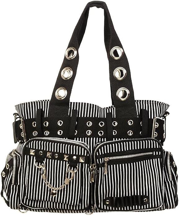 Lost Queen Striped Punk Rock Steampunk Purse with Handcuff Skull Charm - sugar skull handbags for sale