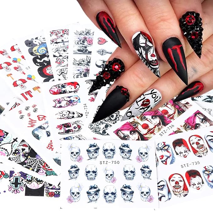 24 Sheets Halloween Nail Stickers Day of The Dead Water Transfer Nail Decals Skull Ghost Eye Hulk Clown Witch DIY Nail Art Stickers Halloween Party Supply Fingernails Toenails Decoration - skull sticker