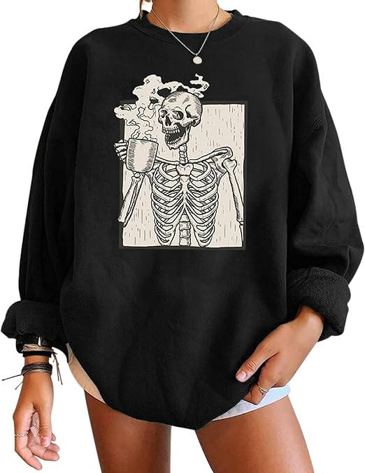 Meladyan Halloween Skull Graphic Print Fleece Oversized Sweatshirt Crewneck Long Sleeve Drop Shoulder Pullover - skull sweatshirts