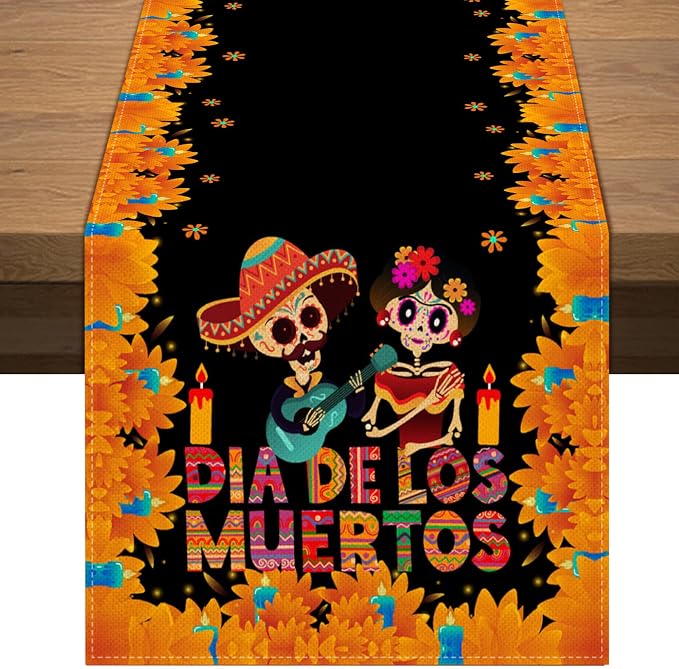 Mexican Day of The Dead Table Runner Mexico Dia De Los Muertos Sugar Skull Table Cover Dining Room Kitchen Home Indoor Outdoor Holiday Party Table Decoration (13" x 72") - skull floor mat