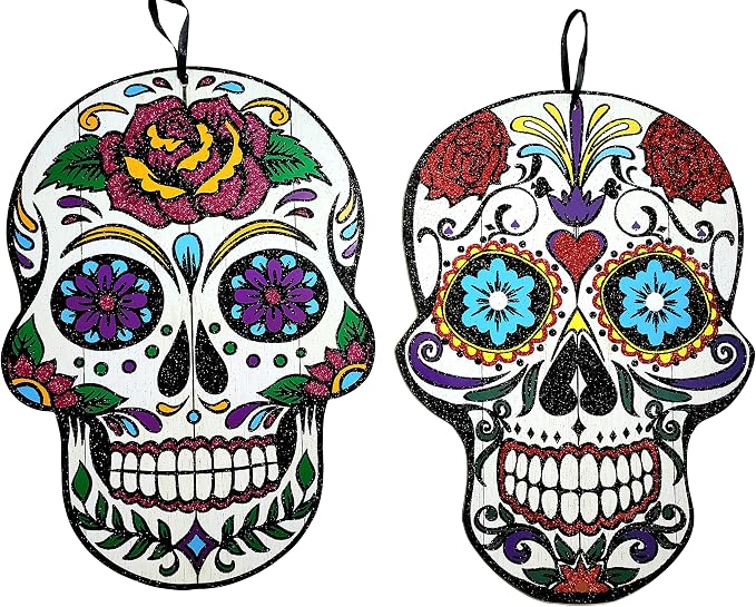 Large Glittered Day of the Dead Sugar Skull Hanging Wall Sign, Set of 2 Different Designs, Multicolor - skull wall art