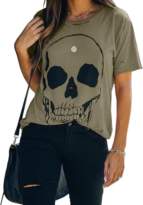 Veatzaer Womens Summer Cotton Graphic Shirts Short Sleeve Skull T Shirts - skull tshirt