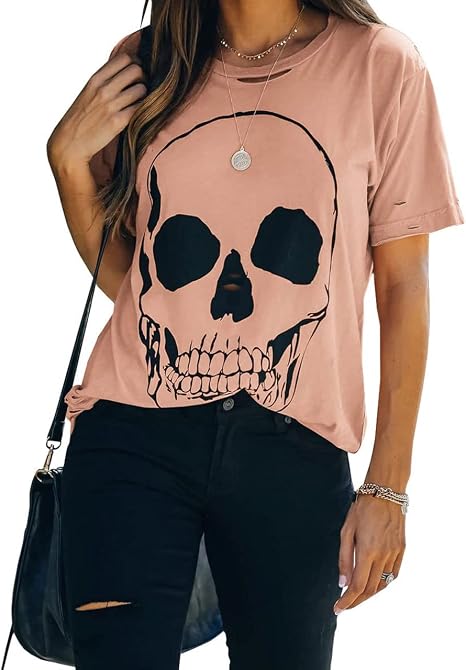 Veatzaer Womens Summer Cotton Graphic Shirts Short Sleeve Skull T Shirts - skull tshirt