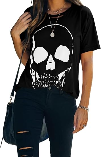 Veatzaer Womens Summer Cotton Graphic Shirts Short Sleeve Skull T Shirts - skull tshirt