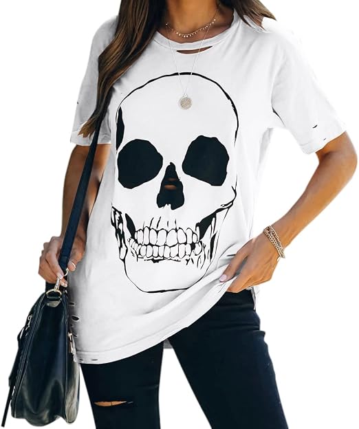 Veatzaer Womens Summer Cotton Graphic Shirts Short Sleeve Skull T Shirts - skull leggings