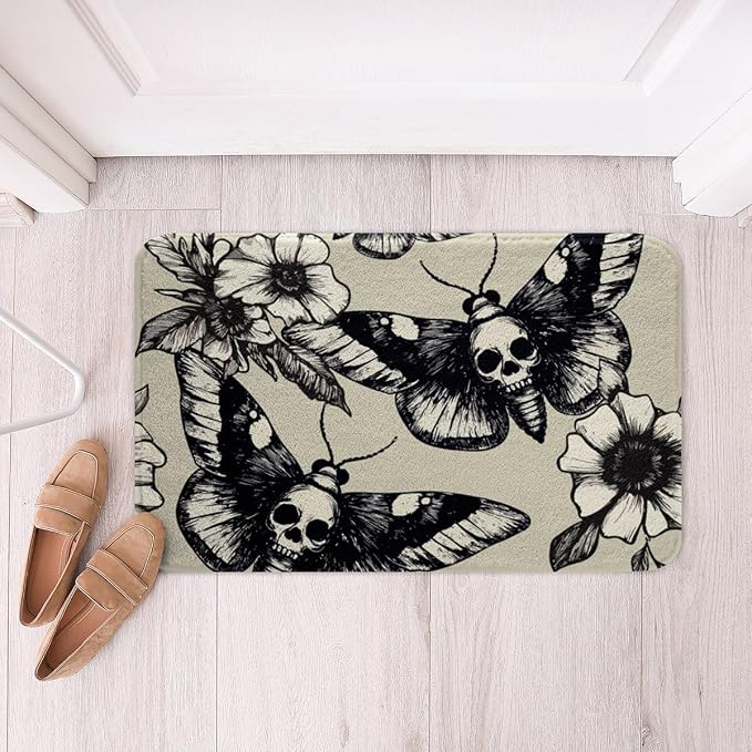 Erosebridal Skull Doormats,Gothic Moth Print Plush Bath Mat Non Slip Machine Washable,Sugar Skull Fleece Bath Rugs Water Absorbent Gray White Black Botanical Floral Bathroom Rugs Porch Mat, 16″x24″