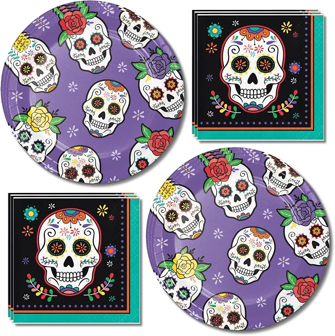 Day of the Dead Paper Dessert Plates and Napkins Set, Serves 16 - skull plate