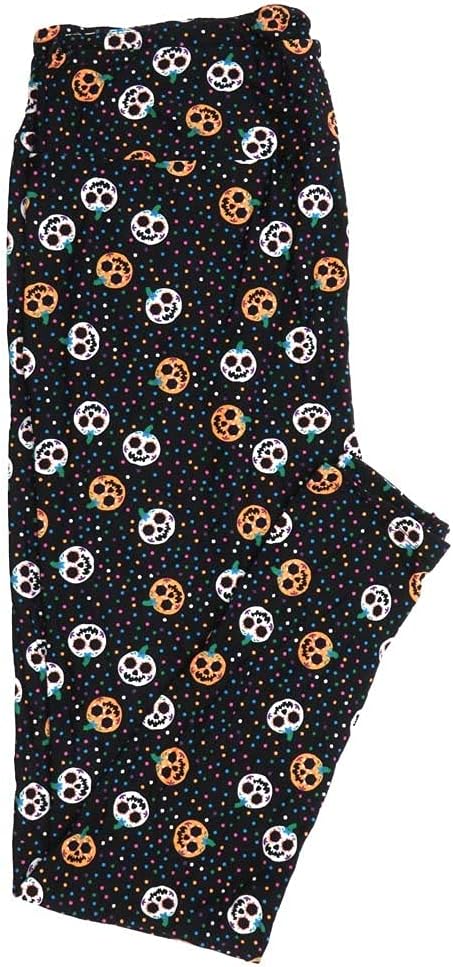 Lularoe TCTWO TC2 Halloween Dias de Los Muertos Sugar Skull Smiling Pumpkins Jack o Lanterns Black White Orange Multicolor Polka Dot Buttery Soft Womens Leggings fits Adults Sizes 18+ 218546 - skull leggings