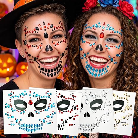 Kotbs Day of the Dead Skull Face Gems, Rhinestone Face Stick On - 4 Pack - sugar skull makeup