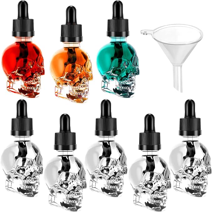 8 Pcs 1oz Skull Glass Dropper Bottles Empty Refillable Bottles Clear Skull Head Glass Bottle Liquid Bottling Dispensing Bottle with Eye Dropper Pipettes for Essential Oil/Beauty Oil Mix Dispenser,30ml