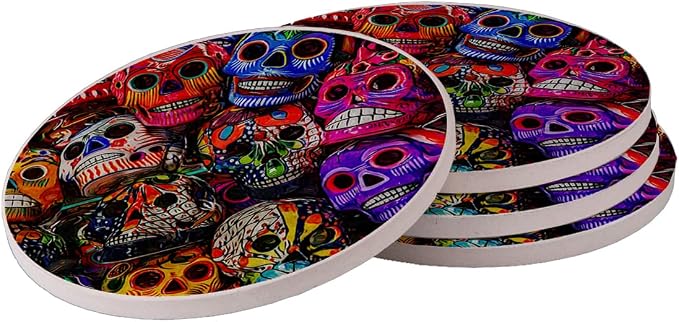 Sugar Skull Day of the Dead Round Stone Drink Coasters Gift Set - skull coaster