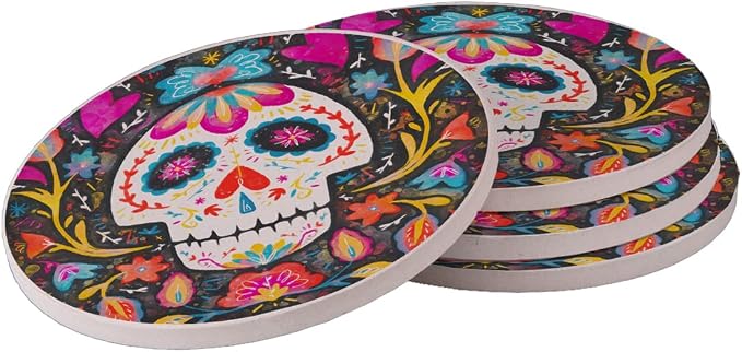 Sugar Skull Halloween Fiesta Round Stone Drink Coasters Gift Set - skull coaster