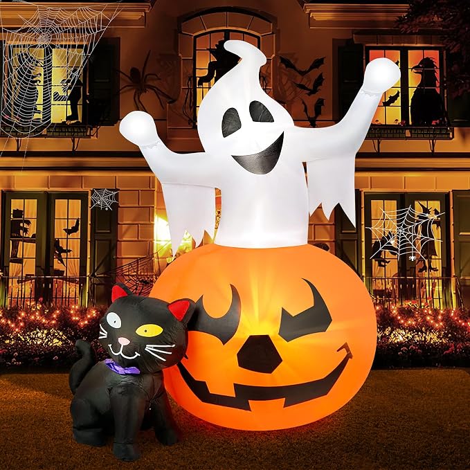 HOPOCO 5 FT Halloween Inflatables Outdoor Ghost Pumpkin Black Cat Decor - skull inflatable