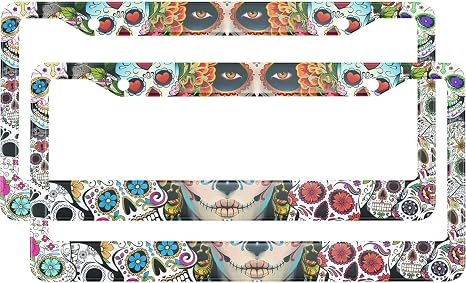 HOSNYE Girl with Sugar Skull License Plate Frame Day of The Dead Colorful Floral Ornament Metal 2 Pcs Licenses Plates Frames Front Licenses Plate Covers Car Tag Frame for Women Men US Vehicles - skull plate