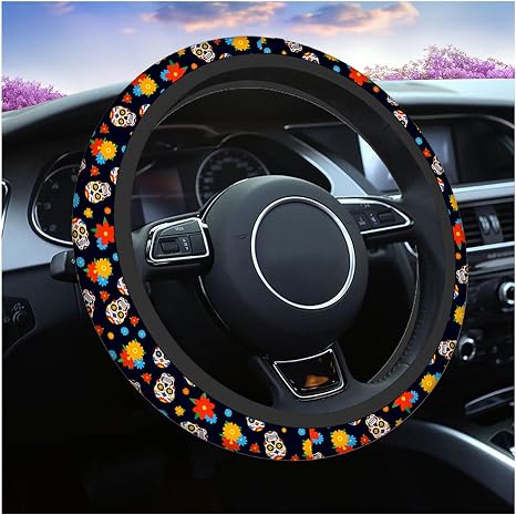 Swono Day of The Dead Sugar Skull Universal Neoprene Steering Wheel Cover Colorful Sugar Skull and Flower 15 Inch Steering Wheel Covers,Printed Steering Wheel Elastic Protection for Women and Girls - skull floor mat