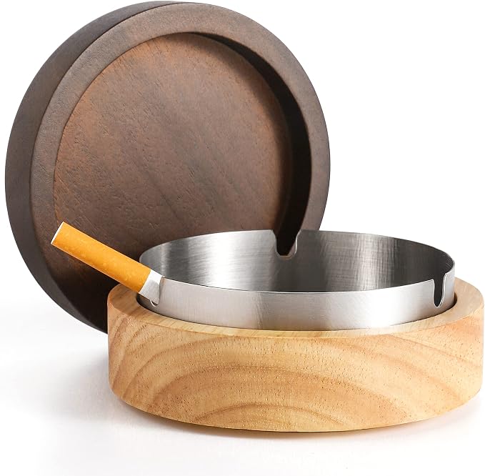 Wooden Ashtray with Stainless Steel Lid - Portable, Windproof, Decorative Ashtray for Home, Patio, Office, Outdoors, Indoor, Parties - skull ashtray