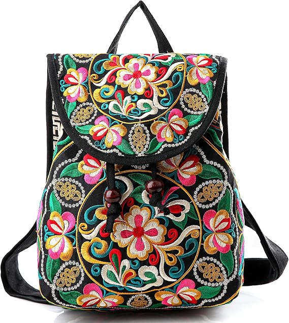 Jursccu Embroidered Backpack Purse for Women Small Canvas Vintage Daypack - skull backpack