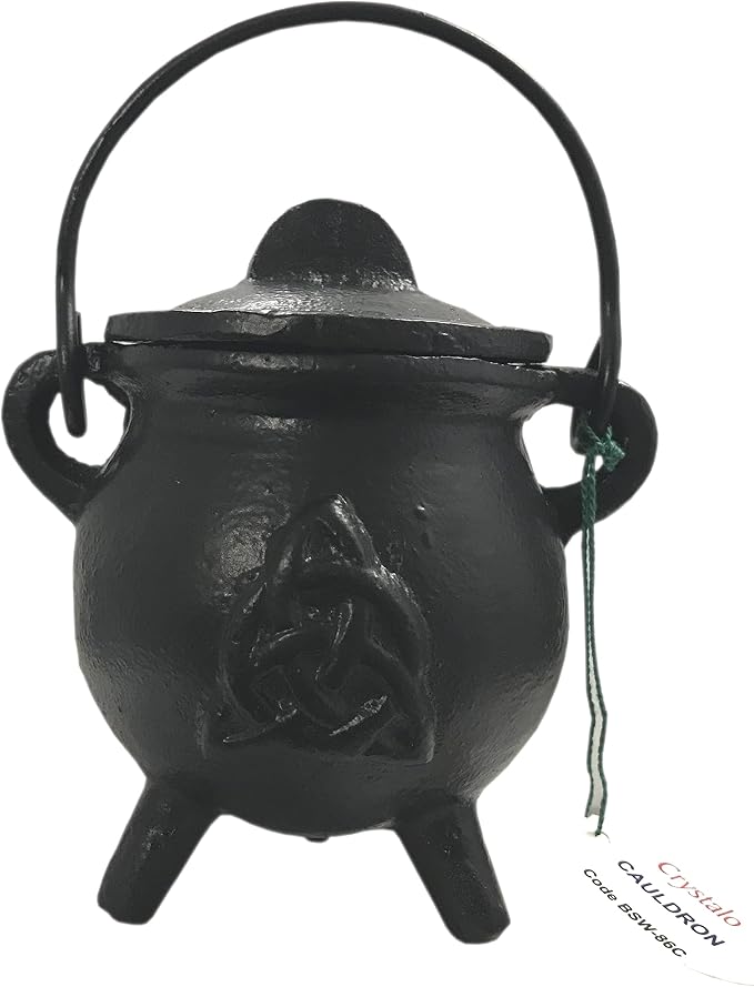 Triquetra Cast Iron Cauldron with Lid Size-2.5" D 4.25" H - skull incense burner