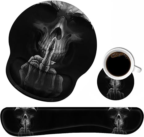 Keyboard Wrist Rest and Mouse Pad Wrist Support Set with Coasters, Non-Slip PU Base Ergonomic Gaming Mousepad for Home Office Working Studying Easy Typing & Pain Relief, Funny Skeleton Skull - skull coaster