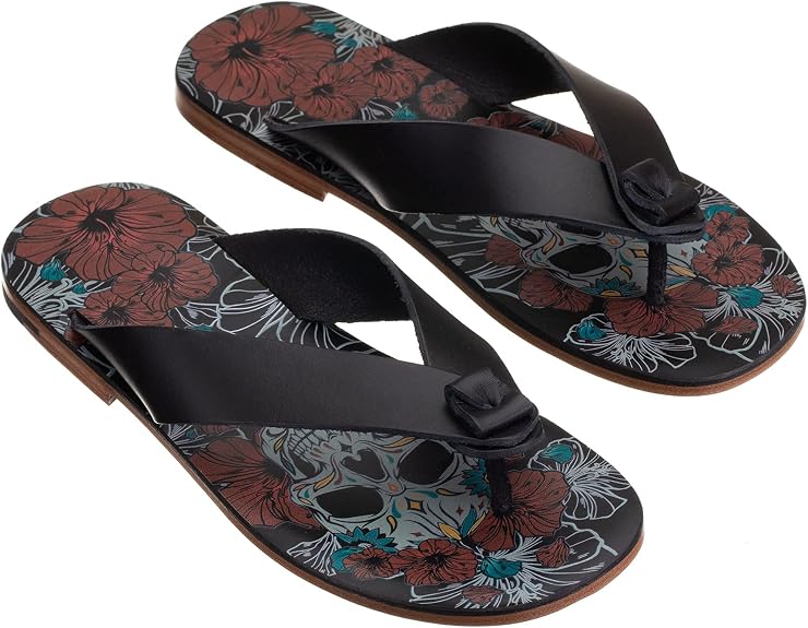 Sandals For Men Vegetable Tanned Leather Flip Flops Skull & Flowers - sugar skull costume
