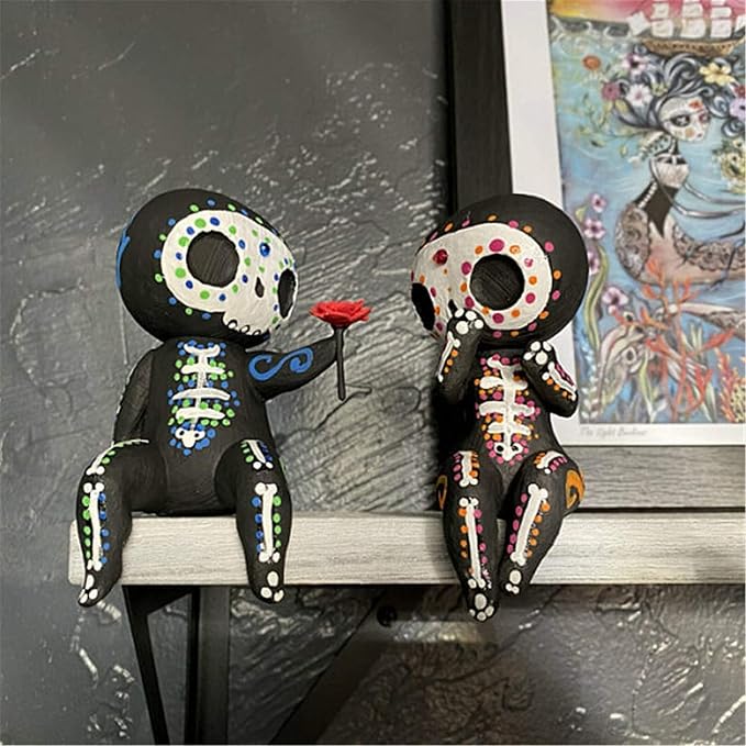 Sugar Skull Couple Statue, Sugar Skull Figurine,Resin Crafts Sugar Skull Decor,Skull Head Skeleton Figurine Statue Display Hand Crafts,Home Decor Collectible Figurines (Couple) - skull figurine
