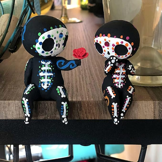 Sugar Skull Couple Statue, Sugar Skull Decor, Day of The Dead Decorations,Resin Skulls Sculptures Home Decor,Dia De Los Muertos Decor,Halloween Adorable Skulls Figurines Gifts for Women (Couple) - sugar skull ornament